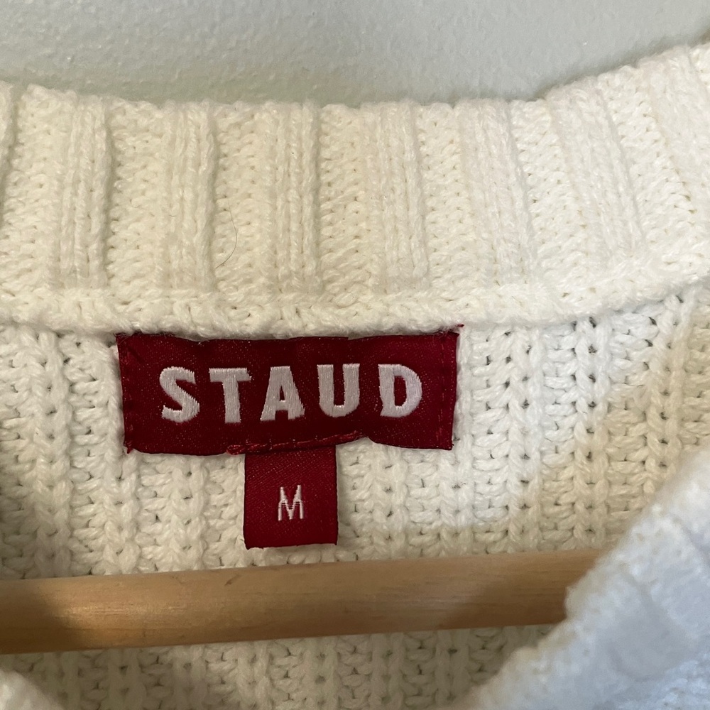 STAUD Cliff White Cropped Knit Sweater with Green & Navy Sleeve Accents - Picture 7 of 9